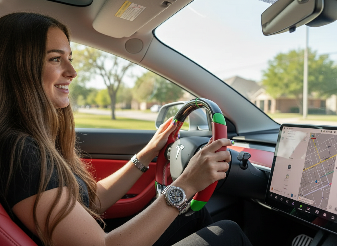 Red and green leather black carbon fiber Tesla Model Y steering wheel - DYNA (2020-2024) Axeco