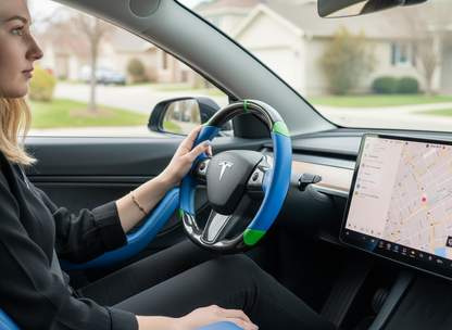 Blue and green leather black carbon fiber Tesla Model Y steering wheel - DYNA (2020-2024) Axeco
