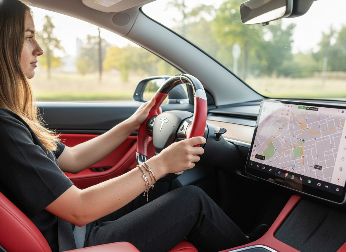 Red and white Carbon Fiber Tesla Model 3 Custom Steering Wheel -DYNA(2017-2023.9) Axeco