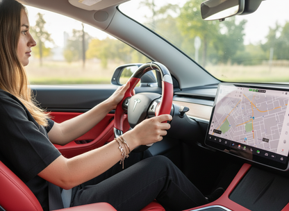 Red and white Carbon Fiber Tesla Model 3 Custom Steering Wheel -DYNA(2017-2023.9) Axeco