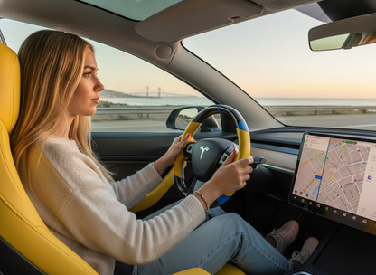 Yellow and blue leather black carbon fiber Tesla Model Y steering wheel - DYNA (2020-2024) Axeco