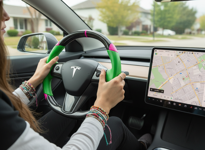 Green and pink Carbon Fiber Tesla Model 3 Custom Steering Wheel -DYNA(2017-2023.9) Axeco