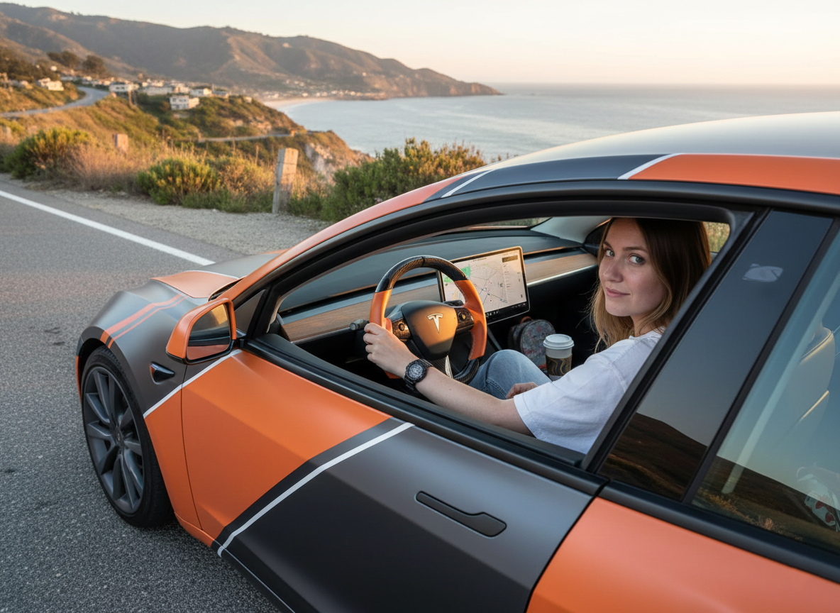 Orange and black leather black carbon fiber Tesla Model Y steering wheel - DYNA (2020-2024) Axeco