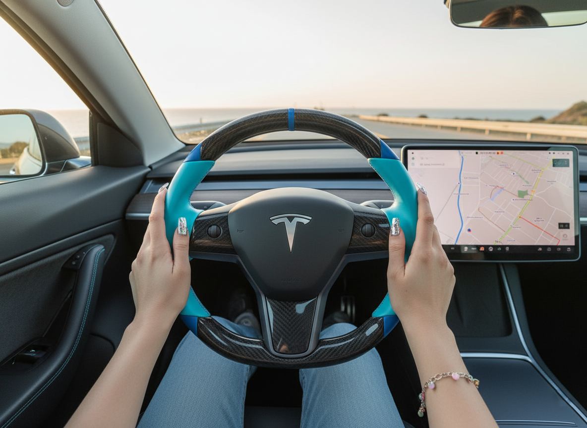 light blue leather black carbon fiber Tesla Model Y steering wheel - DYNA (2020-2024) Axeco