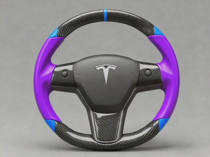 Purple and blue leather black carbon fiber Tesla Model Y steering wheel - DYNA (2020-2024) Axeco