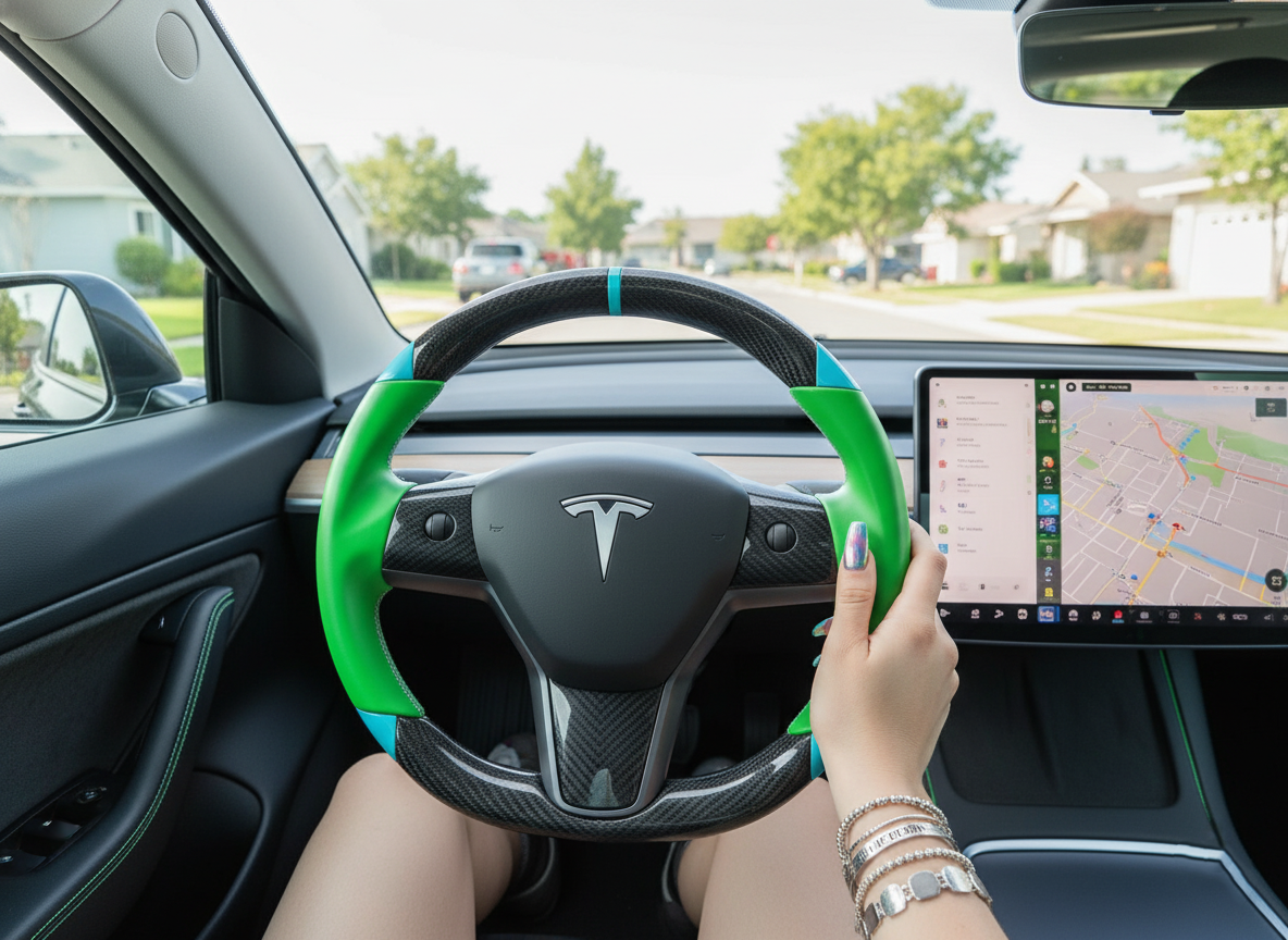 Green and light blue leather black carbon fiber Tesla Model Y steering wheel - DYNA (2020-2024) Axeco