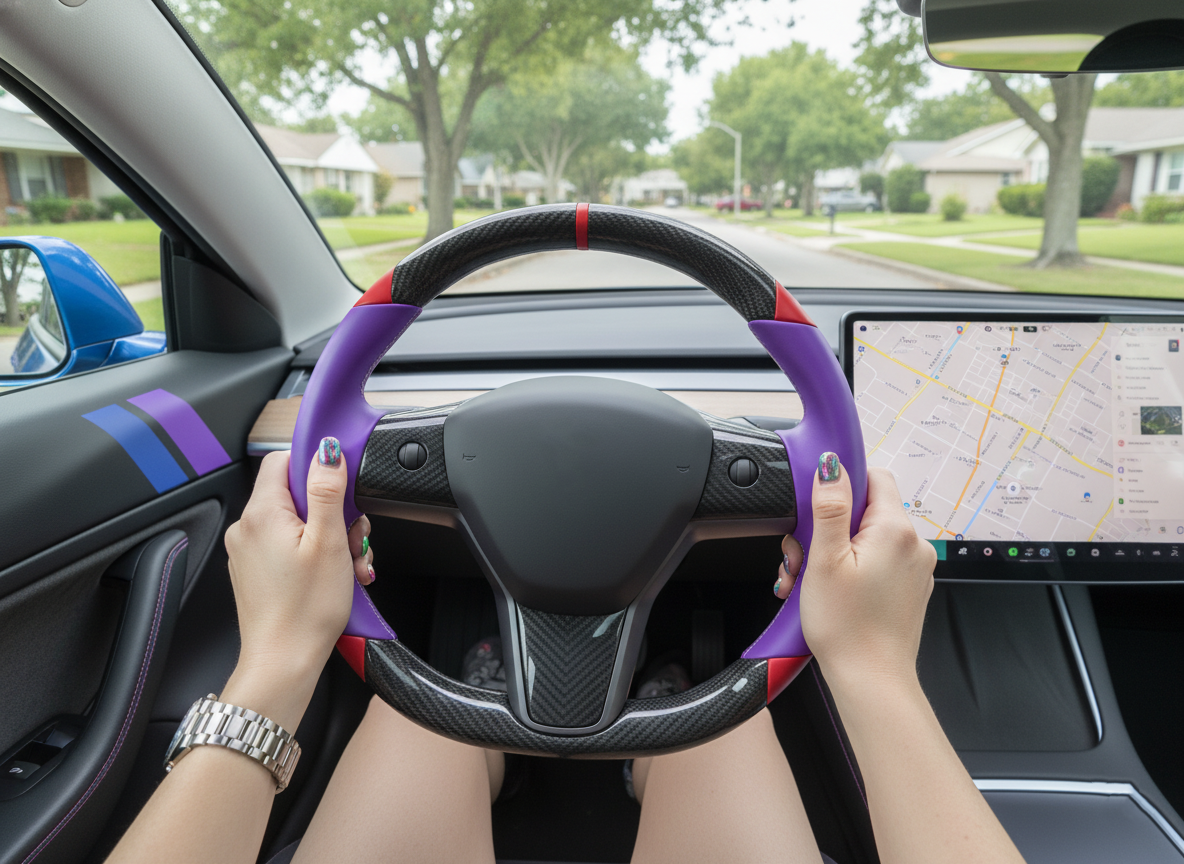 Purple and red Carbon Fiber Tesla Model 3 Custom Steering Wheel -DYNA(2017-2023.9) Axeco