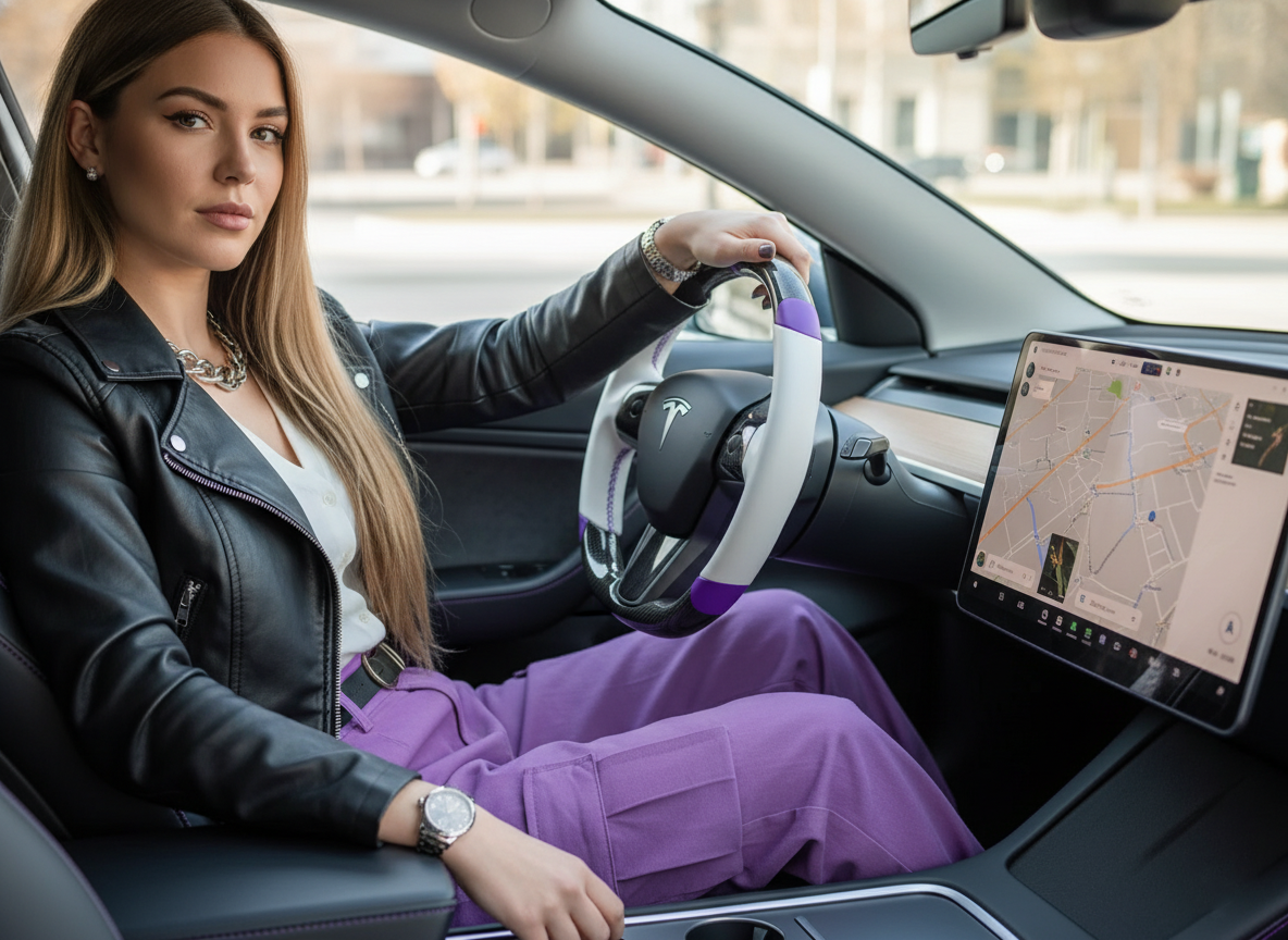 White and purple leather black carbon fiber Tesla Model Y steering wheel - DYNA (2020-2024) Axeco