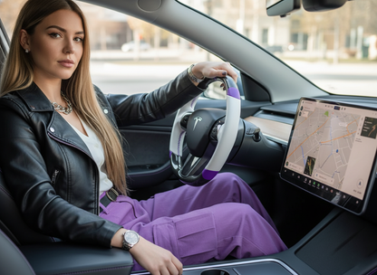 White and purple leather black carbon fiber Tesla Model Y steering wheel - DYNA (2020-2024) Axeco