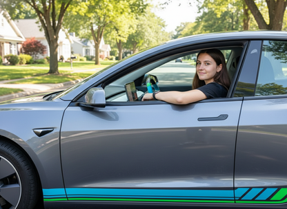 Blue and green leather black carbon fiber Tesla Model Y steering wheel - DYNA (2020-2024) Axeco
