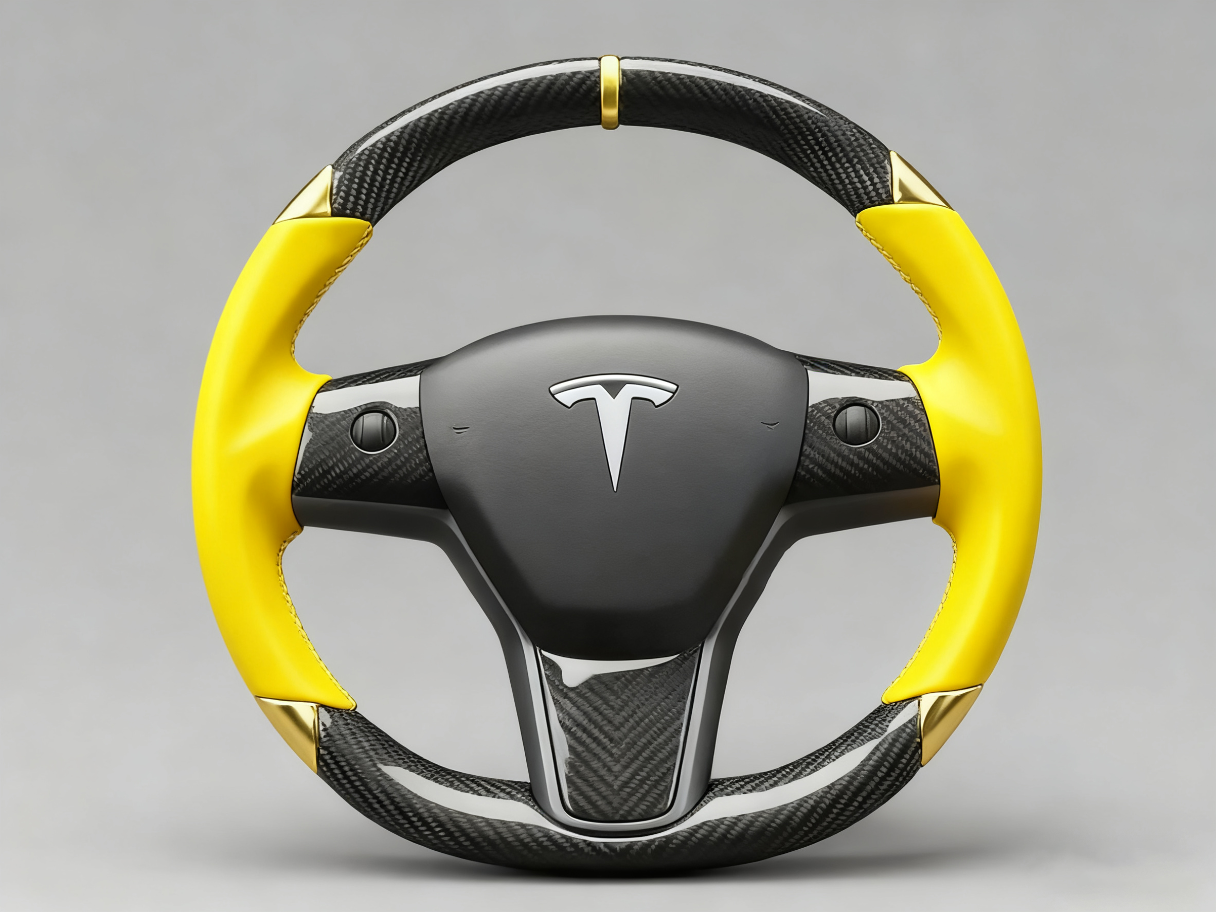 Yellow and gold leather black carbon fiber Tesla Model Y steering wheel - DYNA (2020-2024) Axeco