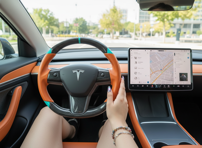 Orange and light blue leather black carbon fiber Tesla Model Y steering wheel - DYNA (2020-2024) Axeco