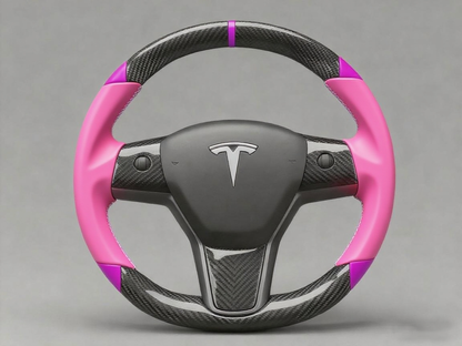 Pink and purple leather black carbon fiber Tesla Model Y steering wheel - DYNA (2020-2024) Axeco
