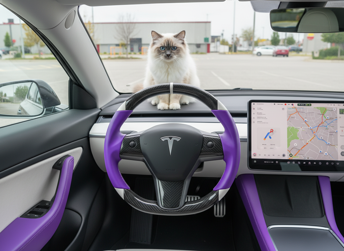 Purple and white Carbon Fiber Tesla Model 3 Custom Steering Wheel -DYNA(2017-2023.9) Axeco