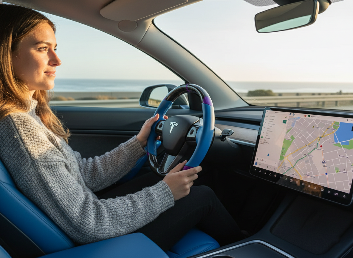 Blue and purple leather black carbon fiber Tesla Model Y steering wheel - DYNA (2020-2024) Axeco