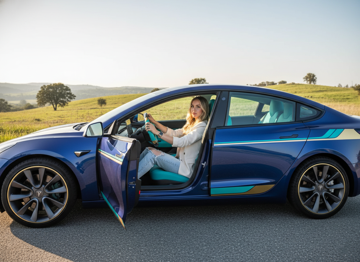 Light blue and gold leather black carbon fiber Tesla Model Y steering wheel - DYNA (2020-2024) Axeco