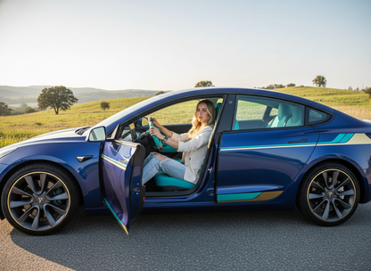 Light blue and gold leather black carbon fiber Tesla Model Y steering wheel - DYNA (2020-2024) Axeco