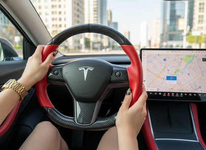 Red and black leather black carbon fiber Tesla Model Y steering wheel - DYNA (2020-2024) Axeco