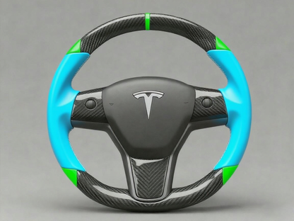 Blue and green leather black carbon fiber Tesla Model Y steering wheel - DYNA (2020-2024) Axeco