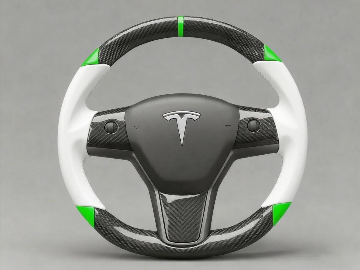 White and green leather black carbon fiber Tesla Model Y steering wheel - DYNA (2020-2024) Axeco