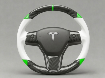 White and green leather black carbon fiber Tesla Model Y steering wheel - DYNA (2020-2024) Axeco