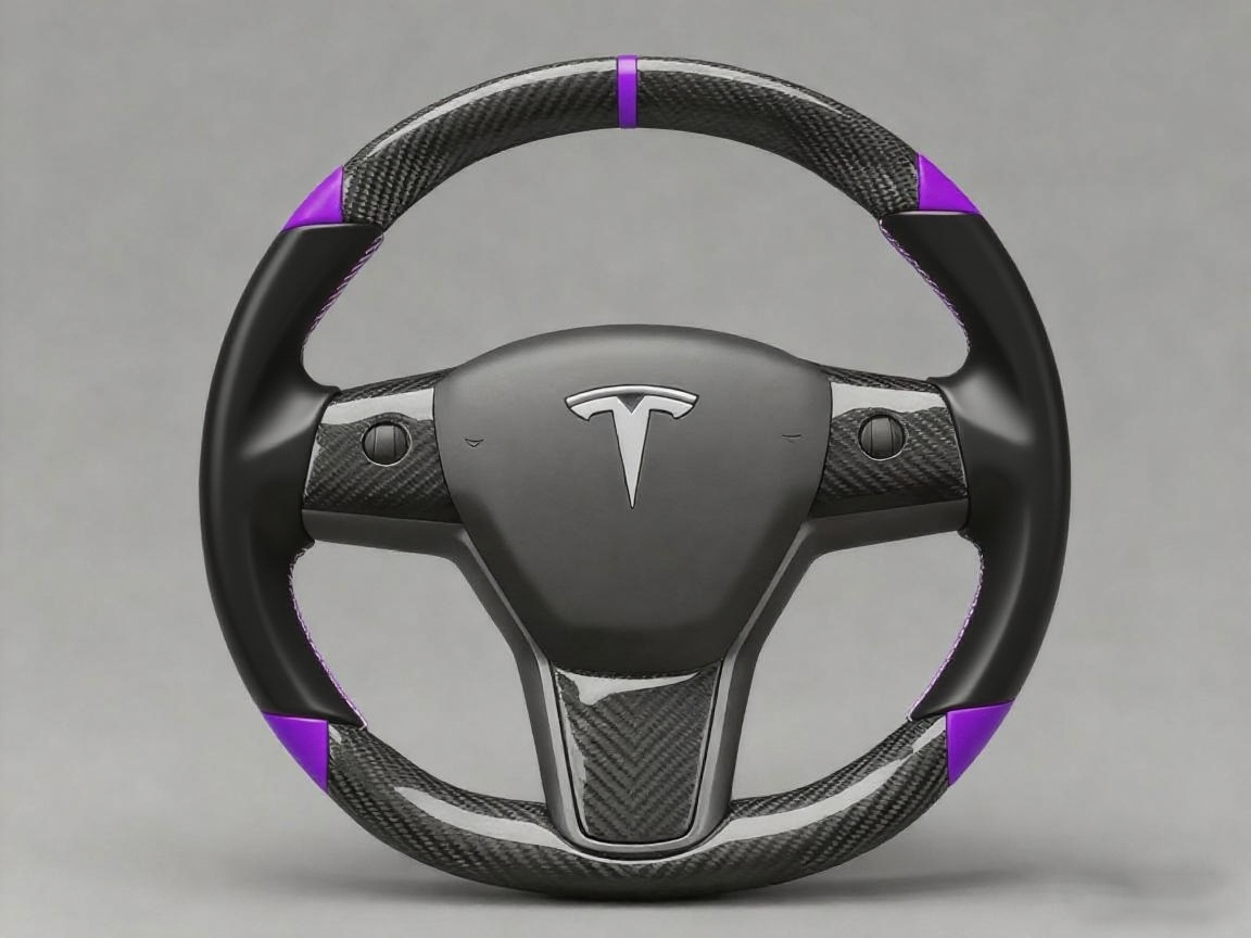 Black and purple leather black carbon fiber Tesla Model Y steering wheel - DYNA (2020-2024) Axeco