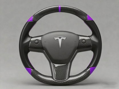 Black and purple leather black carbon fiber Tesla Model Y steering wheel - DYNA (2020-2024) Axeco