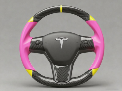 Pink and yellow Carbon Fiber Tesla Model 3 Custom Steering Wheel -DYNA(2017-2023.9) Axeco