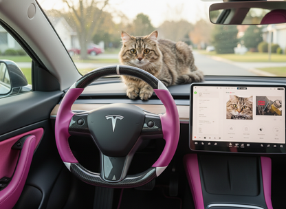 Pinkish purple and white leather black carbon fiber Tesla Model Y steering wheel - DYNA (2020-2024) Axeco