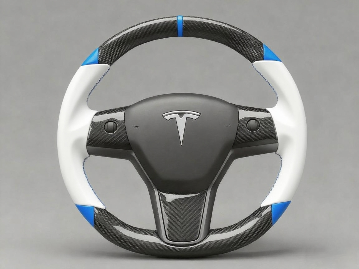White and blue leather black carbon fiber Tesla Model Y steering wheel - DYNA (2020-2024) Axeco
