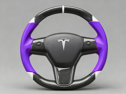 Purple and white Carbon Fiber Tesla Model 3 Custom Steering Wheel -DYNA(2017-2023.9) Axeco
