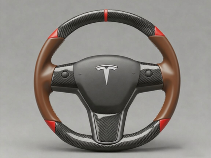 Brown and red Carbon Fiber Tesla Model 3 Custom Steering Wheel -DYNA(2017-2023.9) Axeco