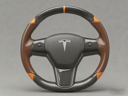 Brown and orange Carbon Fiber Tesla Model 3 Custom Steering Wheel -DYNA(2017-2023.9) Axeco
