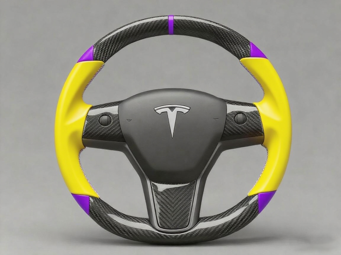 Yellow and purple leather black carbon fiber Tesla Model Y steering wheel - DYNA (2020-2024) Axeco