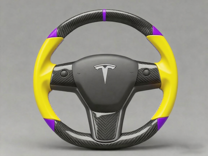 Yellow and purple leather black carbon fiber Tesla Model Y steering wheel - DYNA (2020-2024) Axeco