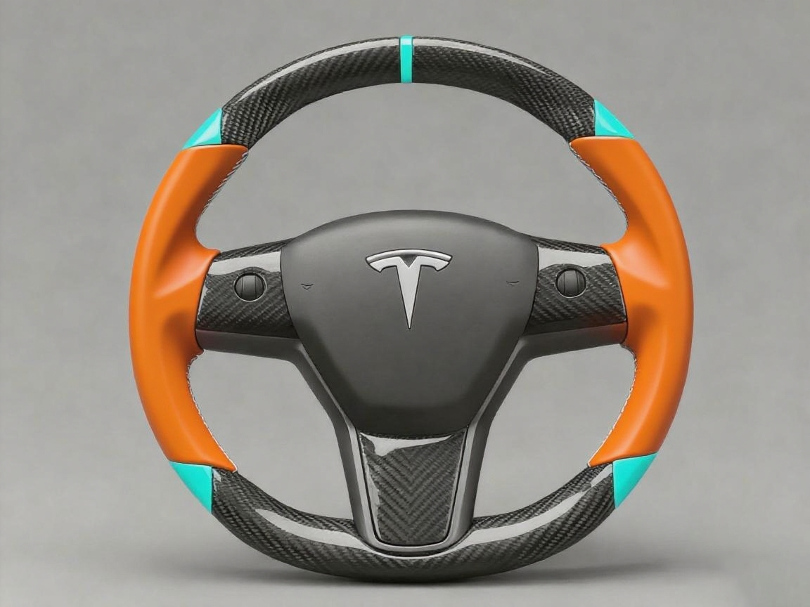 Orange and light blue leather black carbon fiber Tesla Model Y steering wheel - DYNA (2020-2024) Axeco