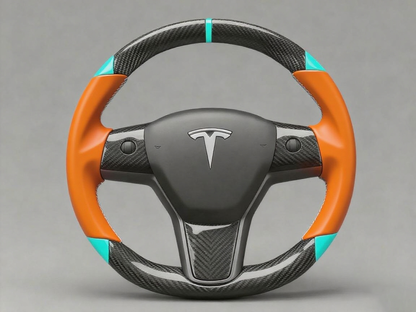 Orange and light blue leather black carbon fiber Tesla Model Y steering wheel - DYNA (2020-2024) Axeco