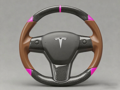 Brown and pink Carbon Fiber Tesla Model 3 Custom Steering Wheel -DYNA(2017-2023.9) Axeco
