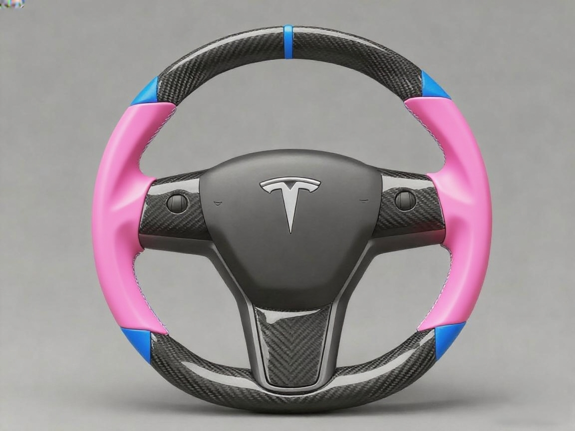 Pink and blue leather black carbon fiber Tesla Model Y steering wheel - DYNA (2020-2024) Axeco