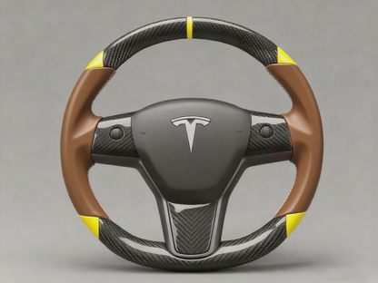 Brown and yellow Carbon Fiber Tesla Model 3 Custom Steering Wheel -DYNA(2017-2023.9) Axeco