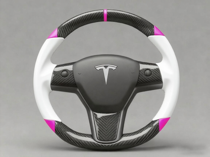 White and pink Carbon Fiber Tesla Model 3 Custom Steering Wheel -DYNA(2017-2023.9) Axeco