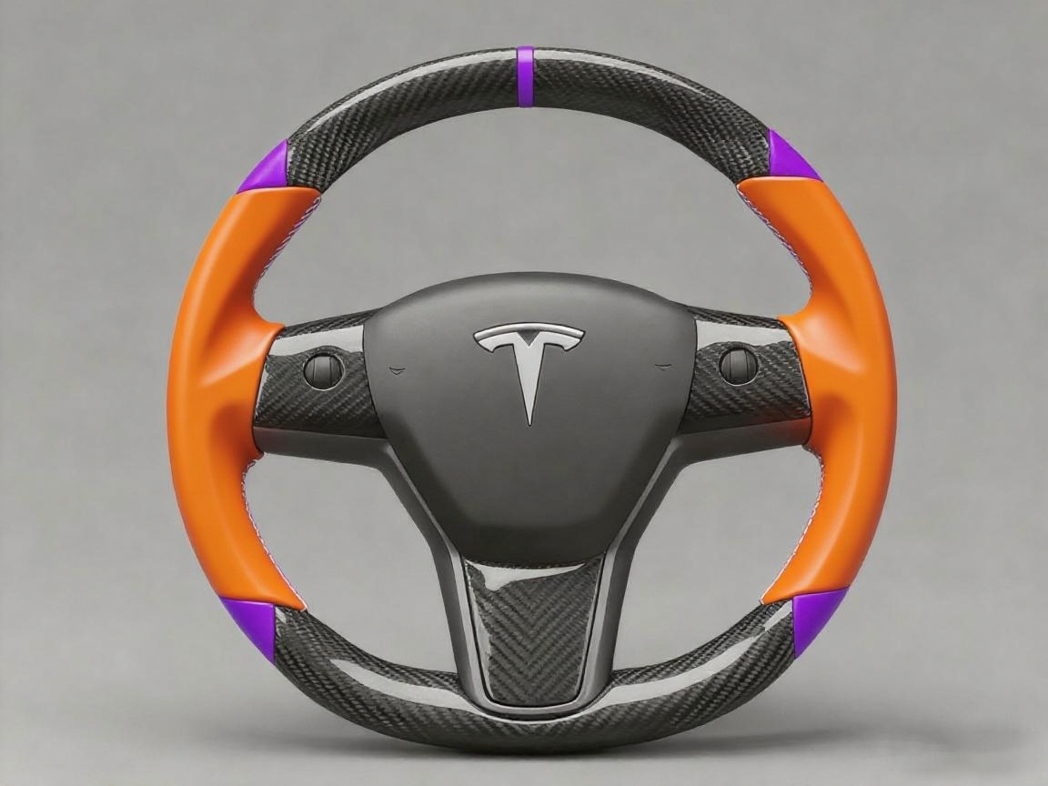 Orange and purple leather black carbon fiber Tesla Model Y steering wheel - DYNA (2020-2024) Axeco