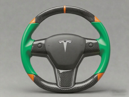 Green and orange Carbon Fiber Tesla Model 3 Custom Steering Wheel -DYNA(2017-2023.9) Axeco