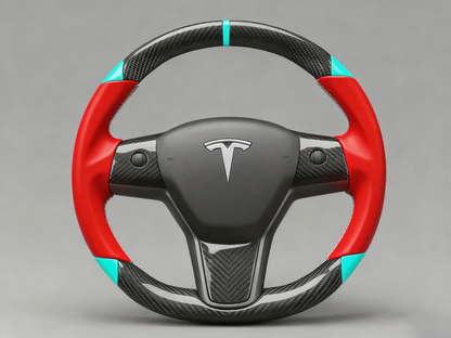 Red and light blue leather black carbon fiber Tesla Model Y steering wheel - DYNA (2020-2024) Axeco