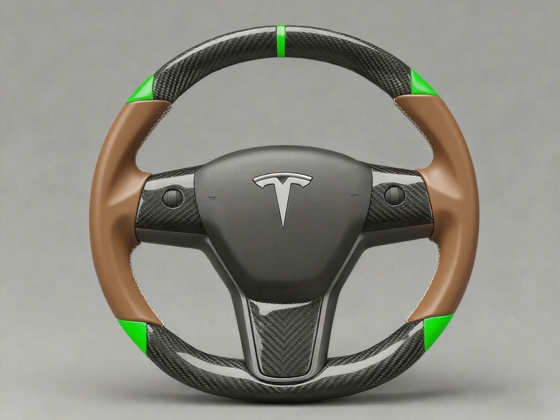 Brown and green leather black carbon fiber Tesla Model Y steering wheel - DYNA (2020-2024) Axeco