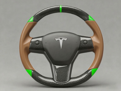 Brown and green leather black carbon fiber Tesla Model Y steering wheel - DYNA (2020-2024) Axeco