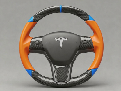 Orange and blue leather black carbon fiber Tesla Model Y steering wheel - DYNA (2020-2024) Axeco