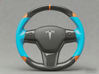 Light blue and orange Carbon Fiber Tesla Model 3 Custom Steering Wheel -DYNA(2017-2023.9) Axeco