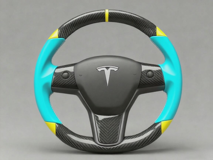 Light blue and yellow Carbon Fiber Tesla Model 3 Custom Steering Wheel -DYNA(2017-2023.9) Axeco