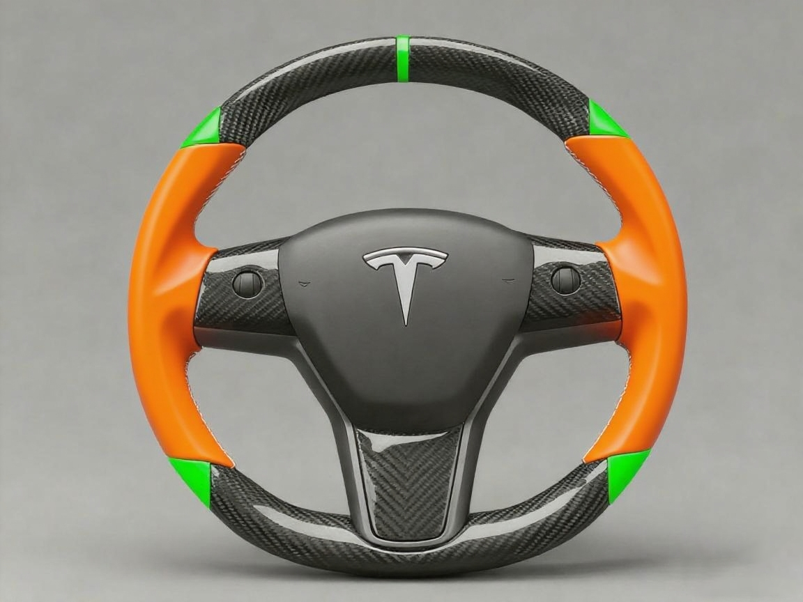 Orange and green leather black carbon fiber Tesla Model Y steering wheel - DYNA (2020-2024) Axeco